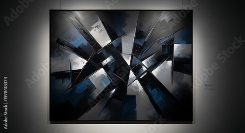 Modern abstract painting with geometric shapes and dark blue tones displayed on a gallery wall with cinematic lighting for interior design and artistic decor