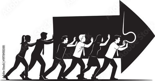 Teamwork and collaboration concept with people pushing large arrow