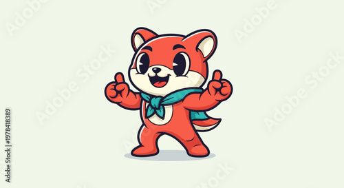 A cute cartoon red fox-like character with a blue scarf giving two thumbs up, smiling happily.