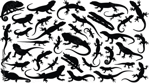 Lizard silhouette collection, gecko iguana reptile poses set, crawling climbing wildlife, black vector animals, isolated design, tropical nature bundle illustration