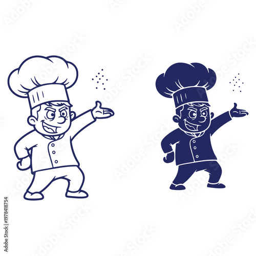 Two cartoon chefs with mischievous expressions preparing food seasoning with style and culinary precision creating an illustration with clean lines