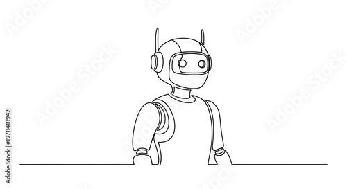 Friendly Robot Character, Outline Drawing, AI Technology Concept
