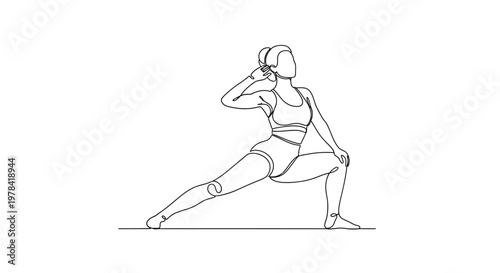 Woman doing yoga lunge pose, continuous line drawing, fitness and wellness concept