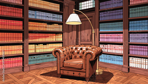 A comfortable brown leather armchair in a cozy library with colorful bookshelves and a floor lamp