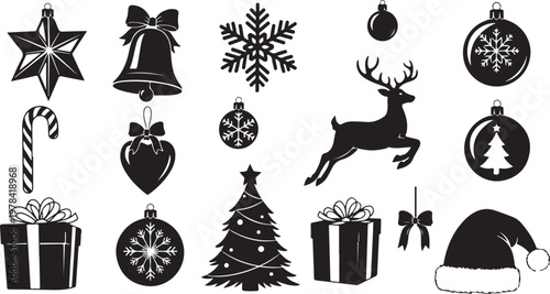 Black and white Christmas icons and decorations set
