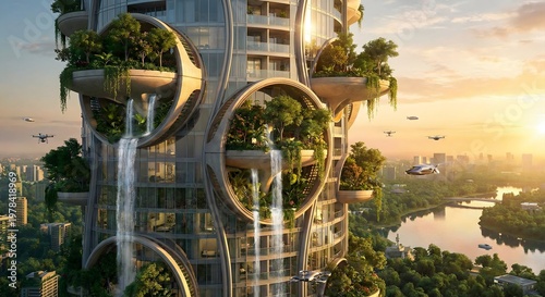 sustainable architecture featuring a modern futuristic apartment building with massive circular cantilevered balconies overflowing with lush green trees and vertical gardens during a vibrant golden ho