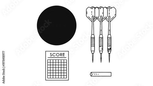 Darts game Elements: A precise arrangement of darts, a target, and a scoreboard. Evokes a sense of focus, precision, and friendly competition. 