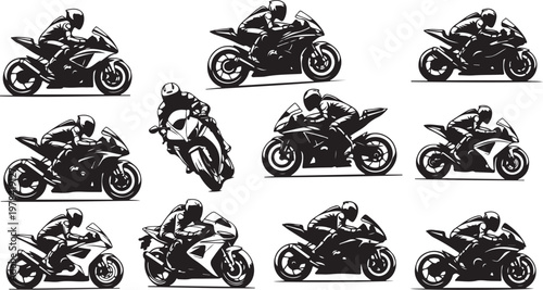 Motorcycle riders in various dynamic poses and movements illustration