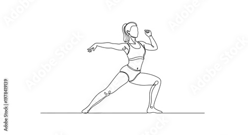 Woman in athletic wear performing a dynamic lunge exercise, line art.