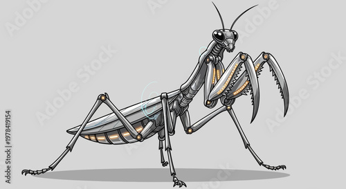 Detailed illustration of a metallic robotic praying mantis with intricate mechanical parts.