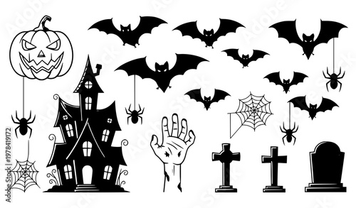 Halloween spooky symbol vector set with jack o lantern bats and haunted house