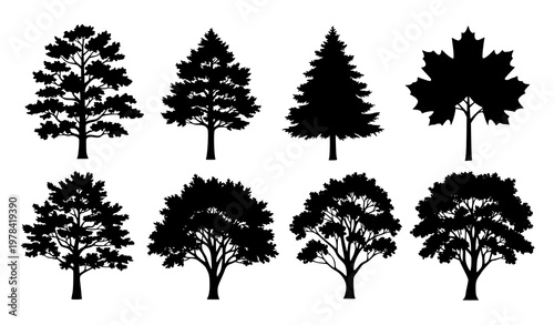 Tree silhouettes vector set isolated on white background with natural forest shapes
