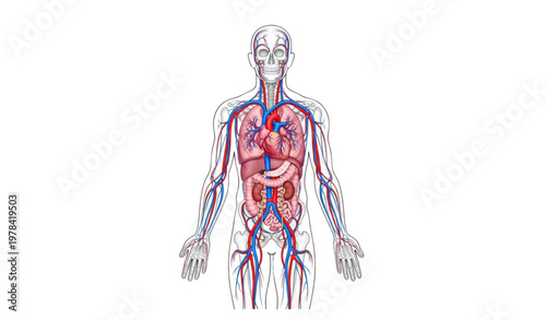 Human circulatory system anatomy vector diagram with arteries and veins in male silhouette