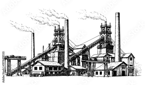 Vintage iron furnaces line drawing near Steamtown Pennsylvania historic industrial vector illustration