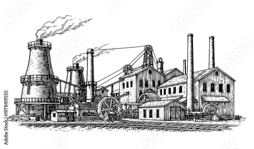 Antique industrial iron furnace vintage line art vector illustration Pennsylvania heritage