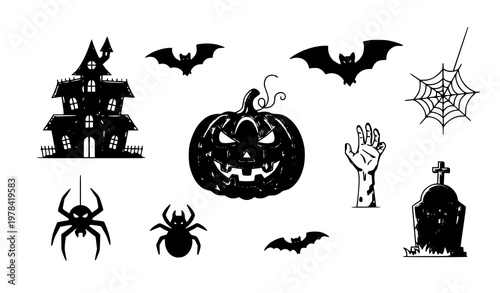 Halloween vector icon set with pumpkin bat haunted house and spooky elements