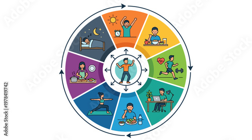 Infographic of Daily Routine Activities and Work Life Balance, People Doing Health Wellbeing Tasks, Bright Studio Background