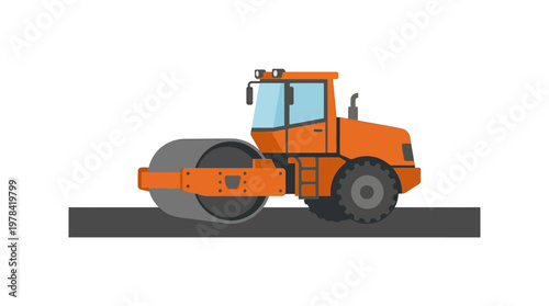 An orange road roller compacting asphalt on a newly laid road, depicted in a flat illustration style.