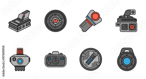 A collection of eight flat-design outlined icons representing various technological gadgets, including cameras, recording devices, and sensors.