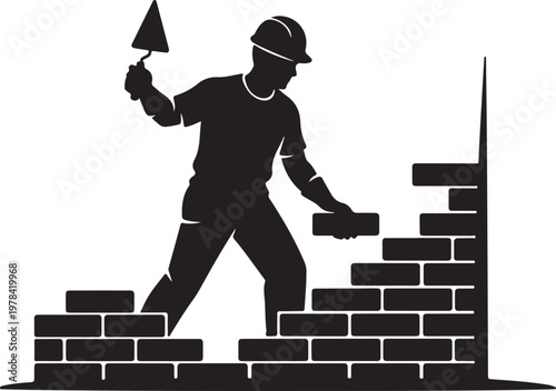 Construction worker building a brick wall with trowel tool