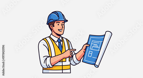 A smiling construction engineer in a hard hat and safety vest points to a blueprint.