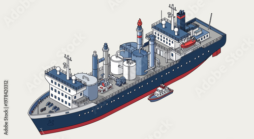 Isometric illustration of an industrial cargo ship with deck tanks, symbolizing maritime transport and logistics, with a small accompanying boat