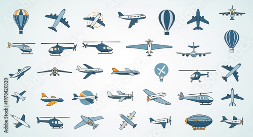 Collection of various aircraft and hot air balloons.