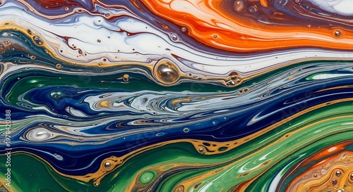 Wallpaper Mural Vibrant abstract fluid acrylic pour painting featuring swirling layers of deep blue emerald green and warm orange tones creating a dynamic liquid marble effect Torontodigital.ca