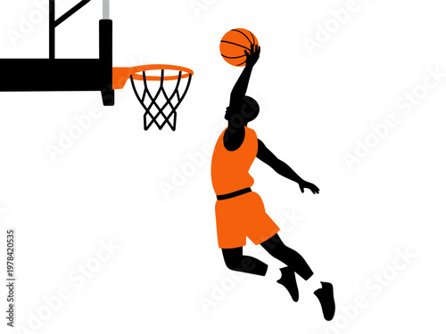 Basketball player making slam dunk shot. Dynamic sport action illustration for competition concept.