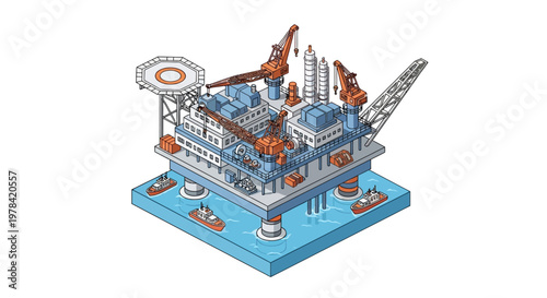 An isometric illustration of a large offshore oil rig with several support boats in the surrounding blue water, depicting industrial infrastructure and resource extraction