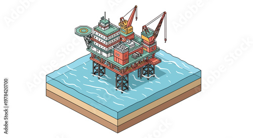 Isometric illustration of an oil rig platform in the ocean, representing the extraction of resources and industrial infrastructure