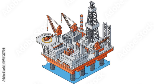 Modern offshore oil drilling platform in isometric view, a crucial structure for global energy supply and hydrocarbon exploration and production