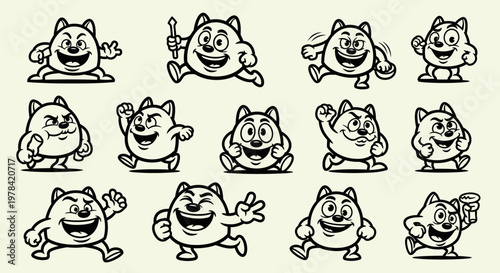 Collection of black and white cartoon bear-like characters in various happy and playful poses, expressing different emotions and actions.