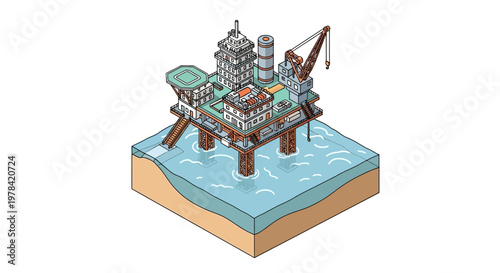 Industrial offshore platform for oil and gas extraction, a complex structure with multiple modules on stilts above the sea