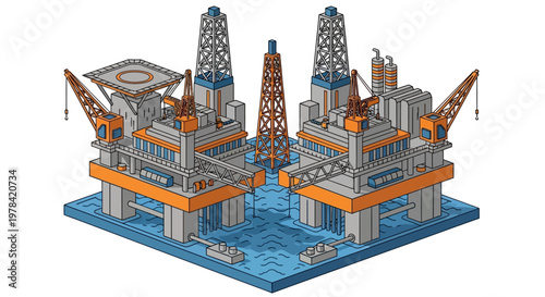 Isometric vector illustration depicting offshore oil rigs, essential platforms for energy production and industrial extraction, highlighting the petroleum industry's infrastructure on the open sea