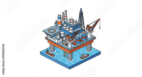 Modern isometric view of a robust offshore oil platform, an essential industrial structure signifying global energy demands and resource management