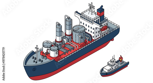 Isometric Illustration of Industrial Marine Transport, Presenting a Large Processing Tanker and a Smaller Service Boat for Efficient Ocean Logistics and Global Cargo Operations