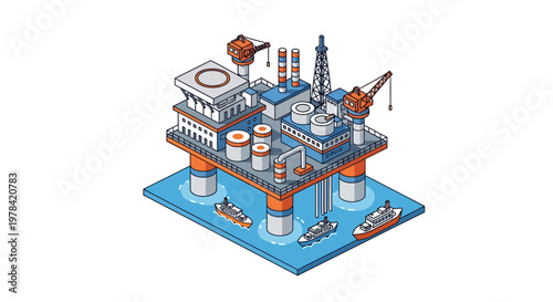 Isometric offshore oil drilling platform with support vessels in the ocean illustration