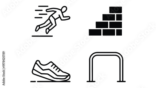 Dynamic Fitness Elements: An illustrative collage showcasing the essential tools of fitness, featuring a runner, a brick wall, a shoe, and a horizontal bar. representing core of training. 