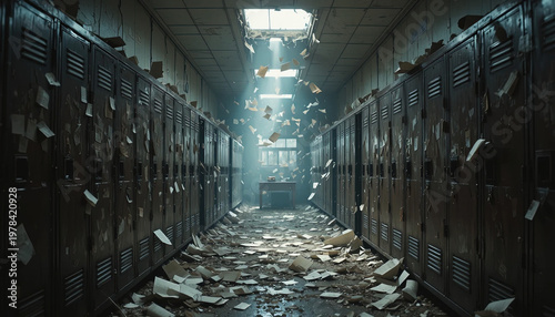 Chaotic scene depicts a school hallway with lockers obscured by scattered papers and light streaming from above