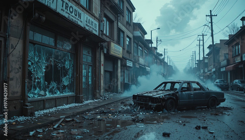 Dilapidated urban street scene shows wreckage and destruction under a bleak sky