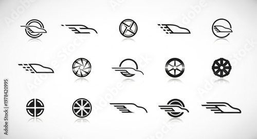 Collection of abstract automotive and speed related icons and logos.