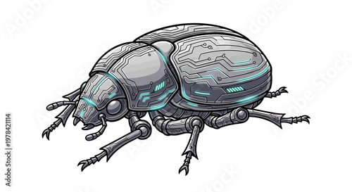 A detailed illustration of a futuristic cybernetic beetle with metallic grey armor, glowing blue circuit patterns, and mechanical legs, depicted on a white background.
