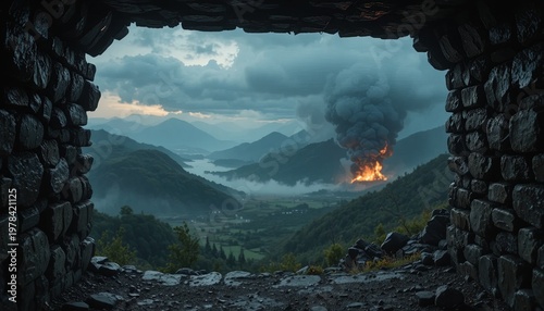 View through ancient stone opening reveals distant mountain valley consumed by fire and thick smoke