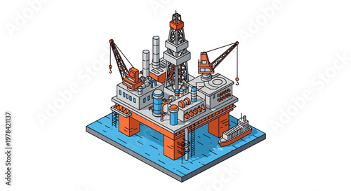 Offshore oil rig and supply vessel in isometric view, industrial scene