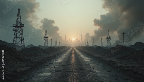 Industrial towers line a wet dirt road leading toward a distant, hazy urban skyline at sunrise or sunset.