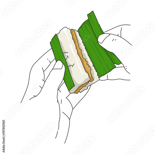 hand drawn vector illustration of a man holding steamed sticky rice lemper with minced chicken filling wrapped in green banana leaves 