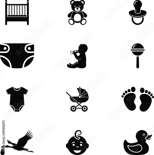 Baby related icon set silhouette on white background