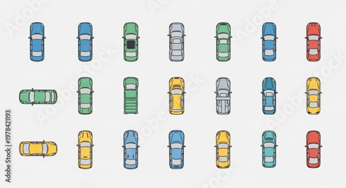 Collection of colorful cars seen from above.