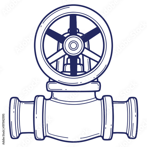 Vintage industrial valve with handwheel control in outline vector illustration featuring plumbing fixture for regulating liquid flow